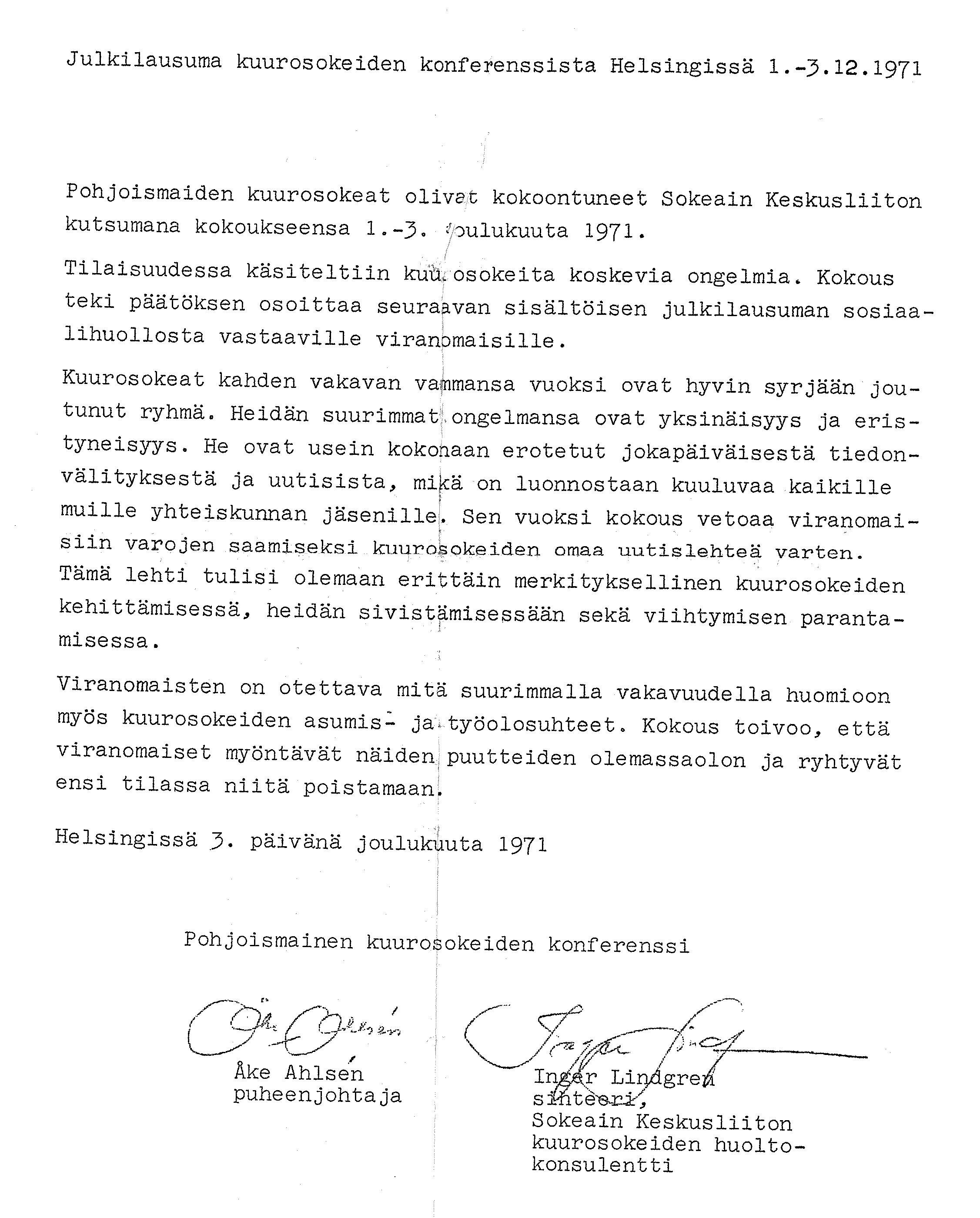 Kuvassa kuurosokeiden konferenssin julkilausuma 1.-312.1971 allekirjoituksineen.