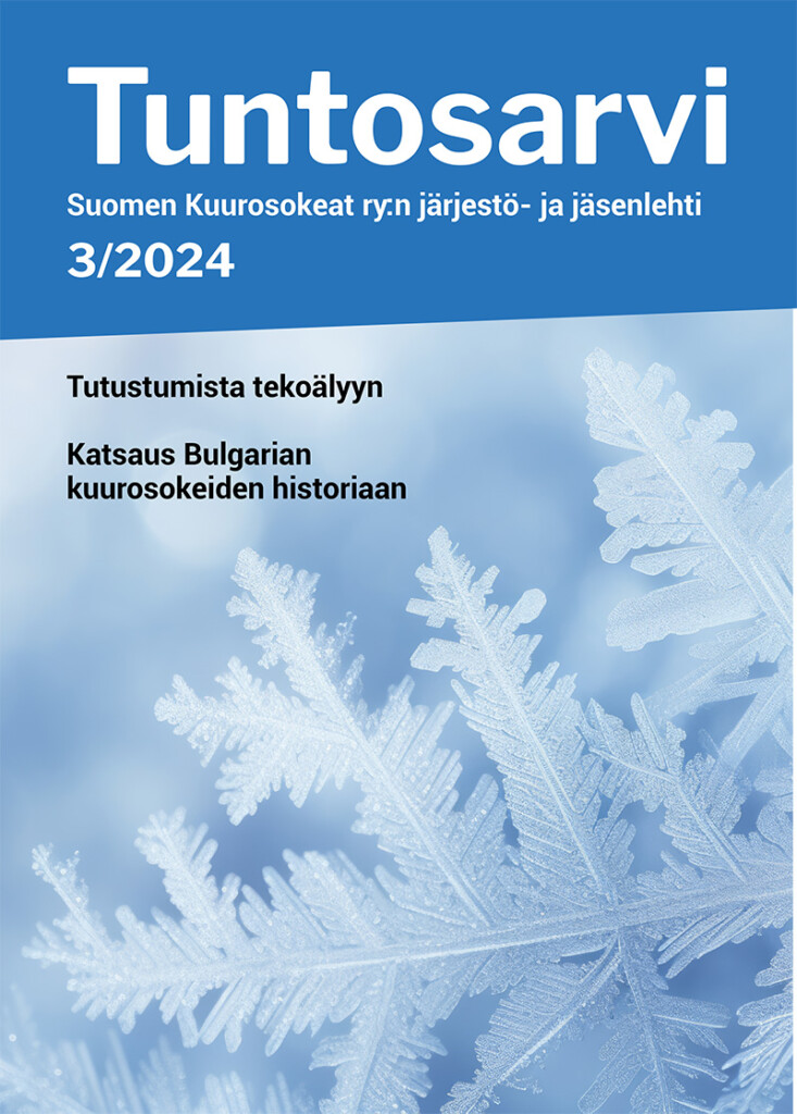 Tuntosarvi 3/2024 kansilehti. Kuvassa tekoälyn tuottamia lumihiutaleita.